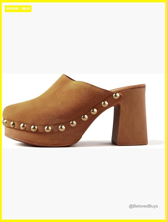 Shoes - Women Platform Clogs Mules High Heel Cork Slip On Studded Closed Toe Sandals